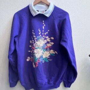 Vintage Hanes Women Sz Large Purple Grandma Floral Pullover Sweatshirt USA Made